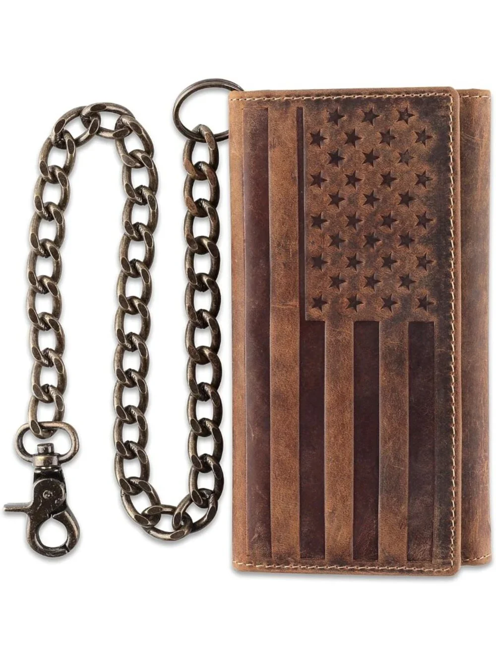 Classic RFID Blocking Men's Tri-Fold Leather Wallet with Steel Chain - Brown